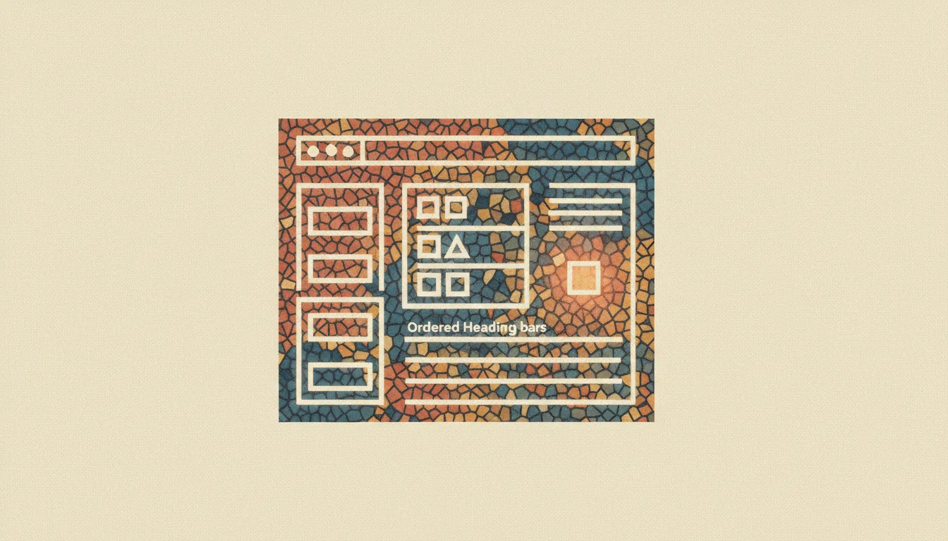 Cutaway mosaic of a web page skeleton showing button blocks, a labeled form, ordered heading bars, and a highlighted price tile