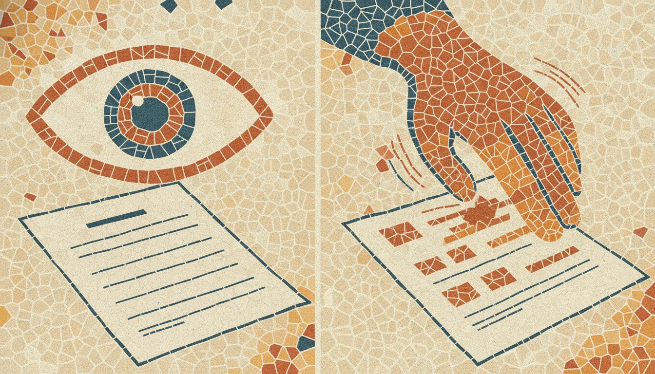 Split mosaic illustration: a passive crawler eye looking at a page on the left, an active agent hand filling a form on the right