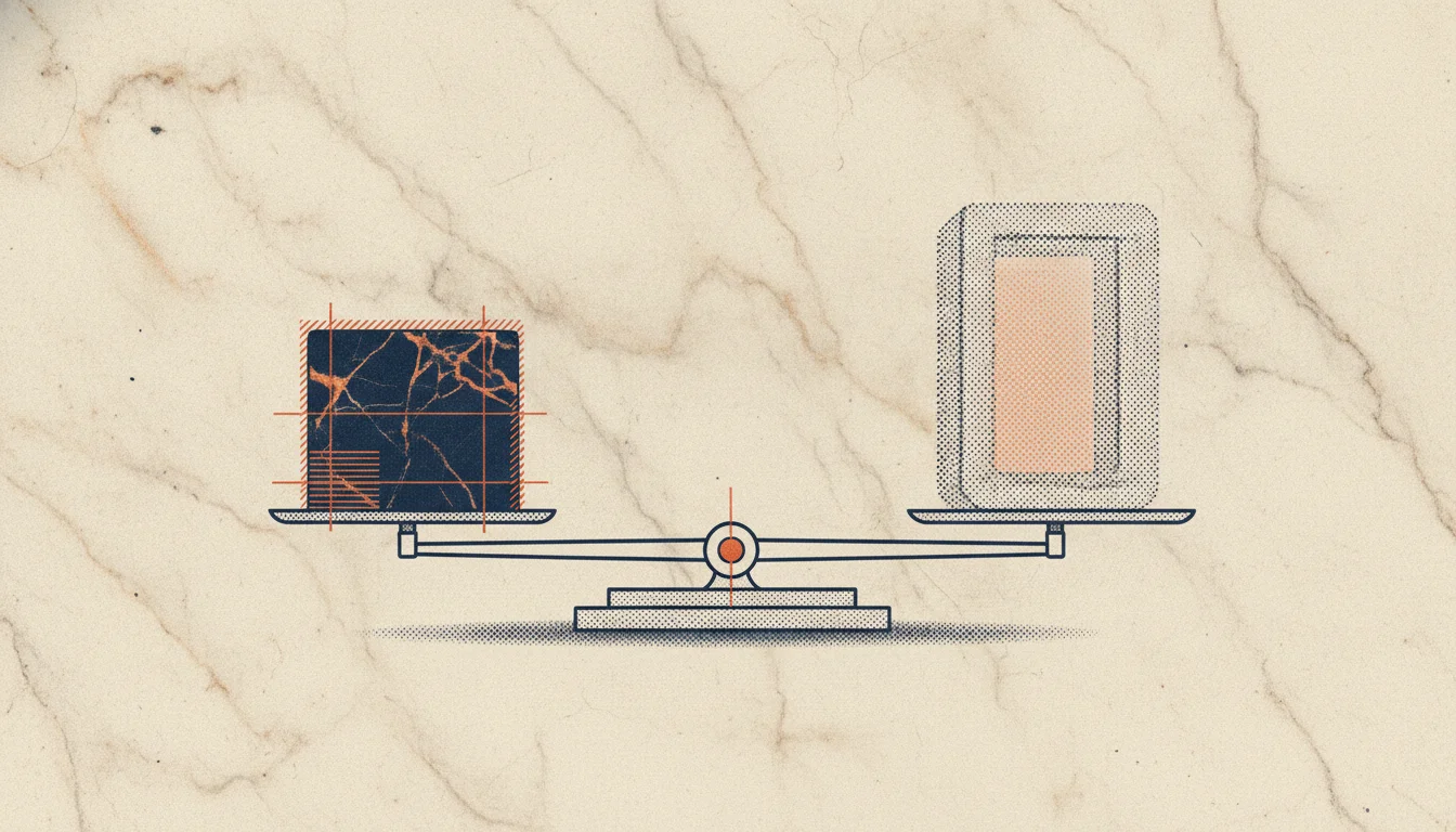 A blueprint style balance scale weighing a solid block against a faint outline, representing testing a proposal against a real standard.