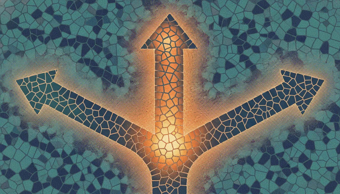 Una ilustración risograph y de mosaico antiguo de un camino de decisión que se ramifica hecho de flechas de teselas, un camino brilla en naranja como la elección correcta