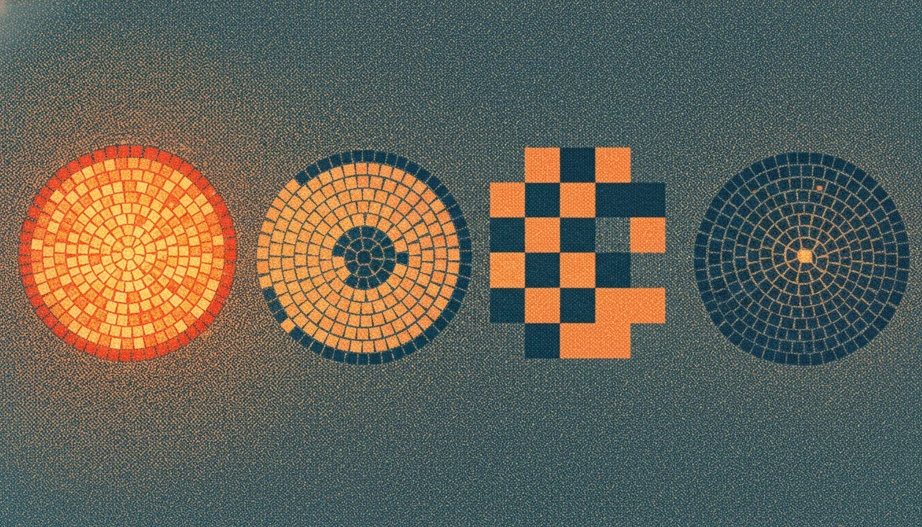 Una ilustración risograph y de mosaico antiguo que muestra un espectro de totalmente gratis a limitado, un degradado de teselas de mosaico desde el naranja brillante al verde azulado apagado
