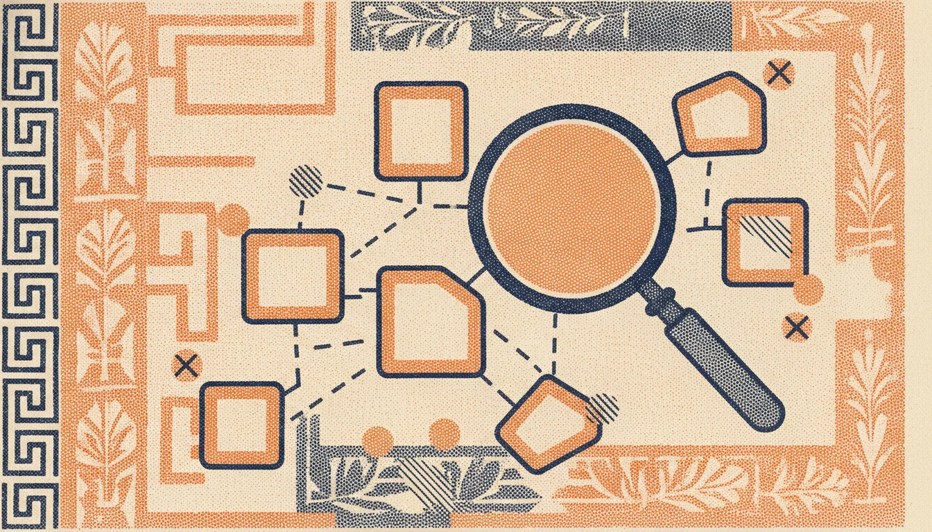 A magnifying glass over a site map, with a few pages highlighted as wasted crawl paths and the main pages clear