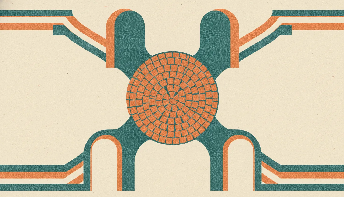 A central mosaic hub branching into several arched gateways, one foundation feeding many channels