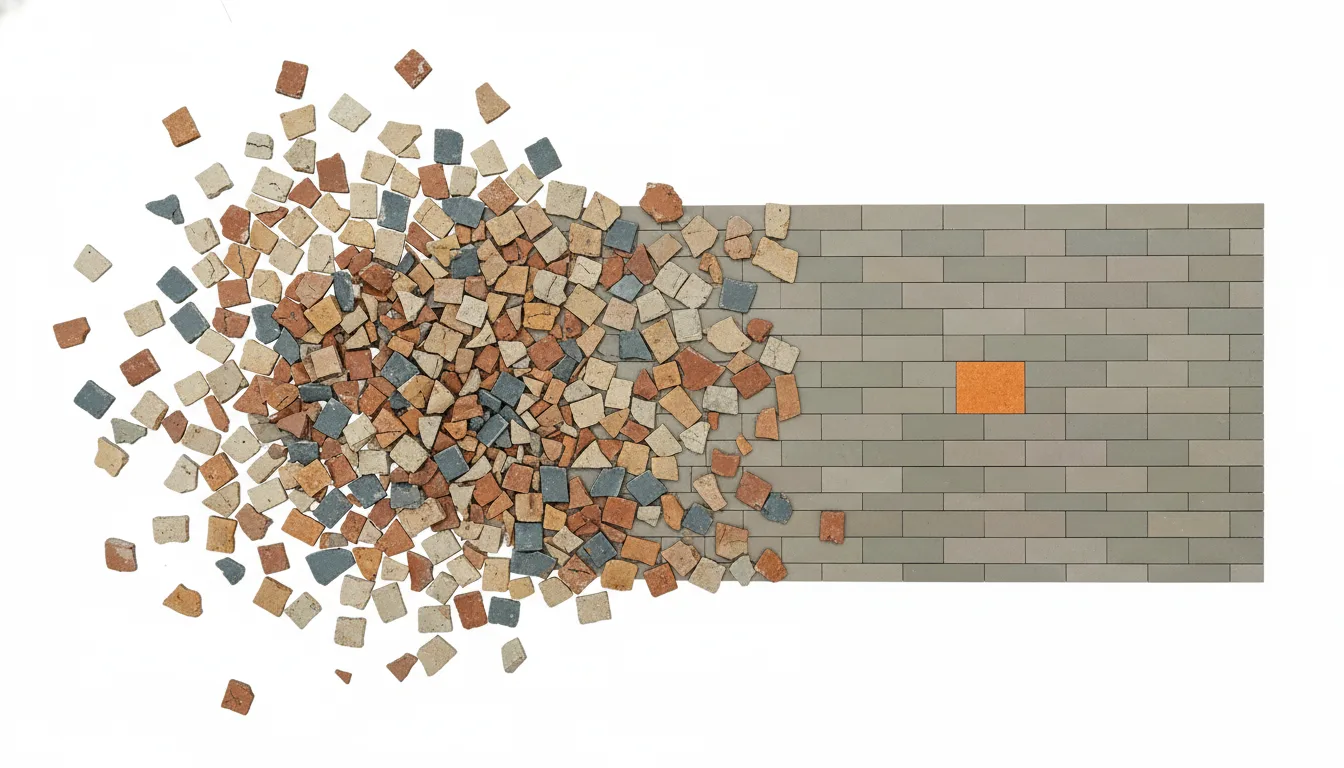 Mosaico antiguo: teselas dispersas y ruidosas que se resuelven en un bloque de fundamento limpio y sólido, la respuesta aburrida correcta