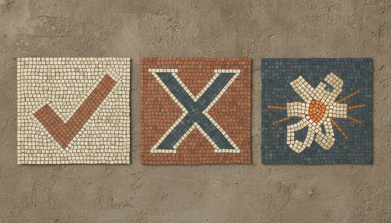 Tres paneles de mosaico antiguo: una marca de verificación para lo que confirma, una X para lo que desmiente, una forma de estallido para lo nuevo