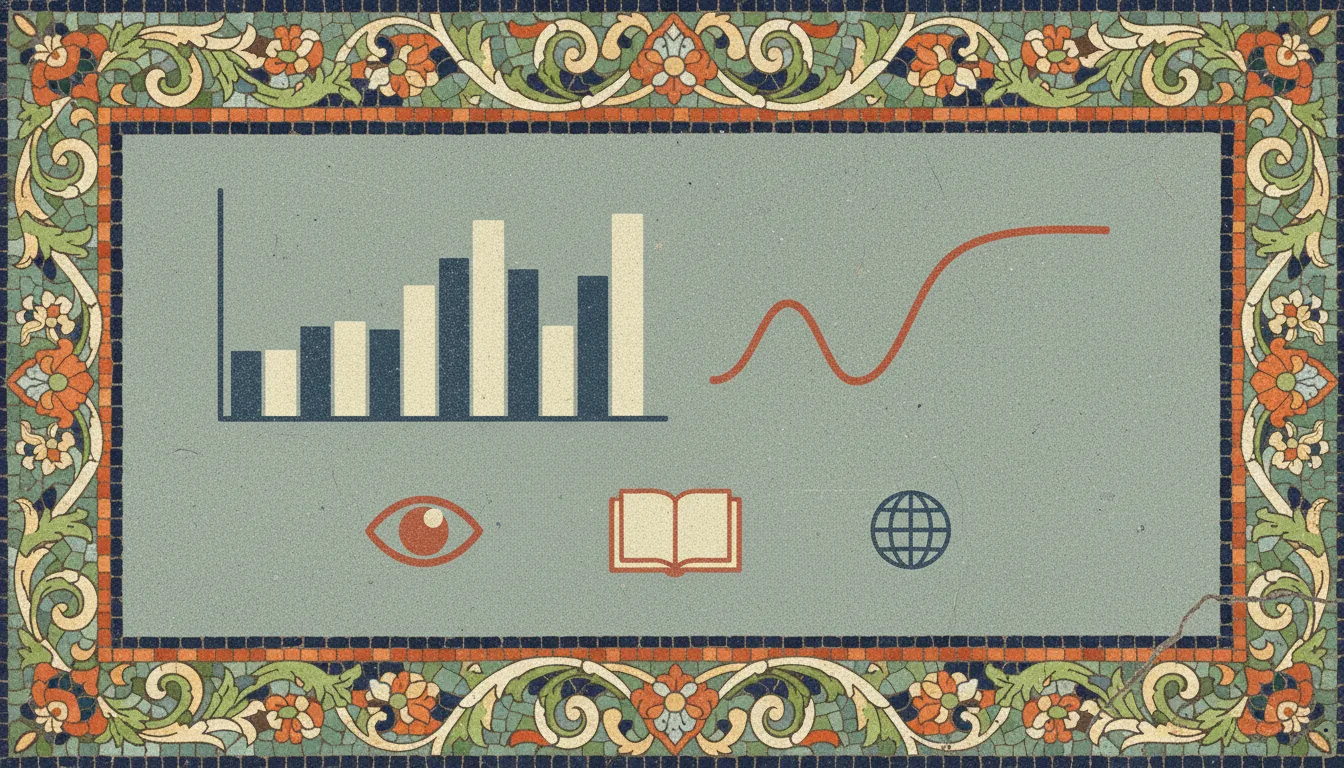 A calm risograph and mosaic style panel showing a simple performance chart with small icons for impressions, pages and countries, representing the new generative AI report surface in Search Console.