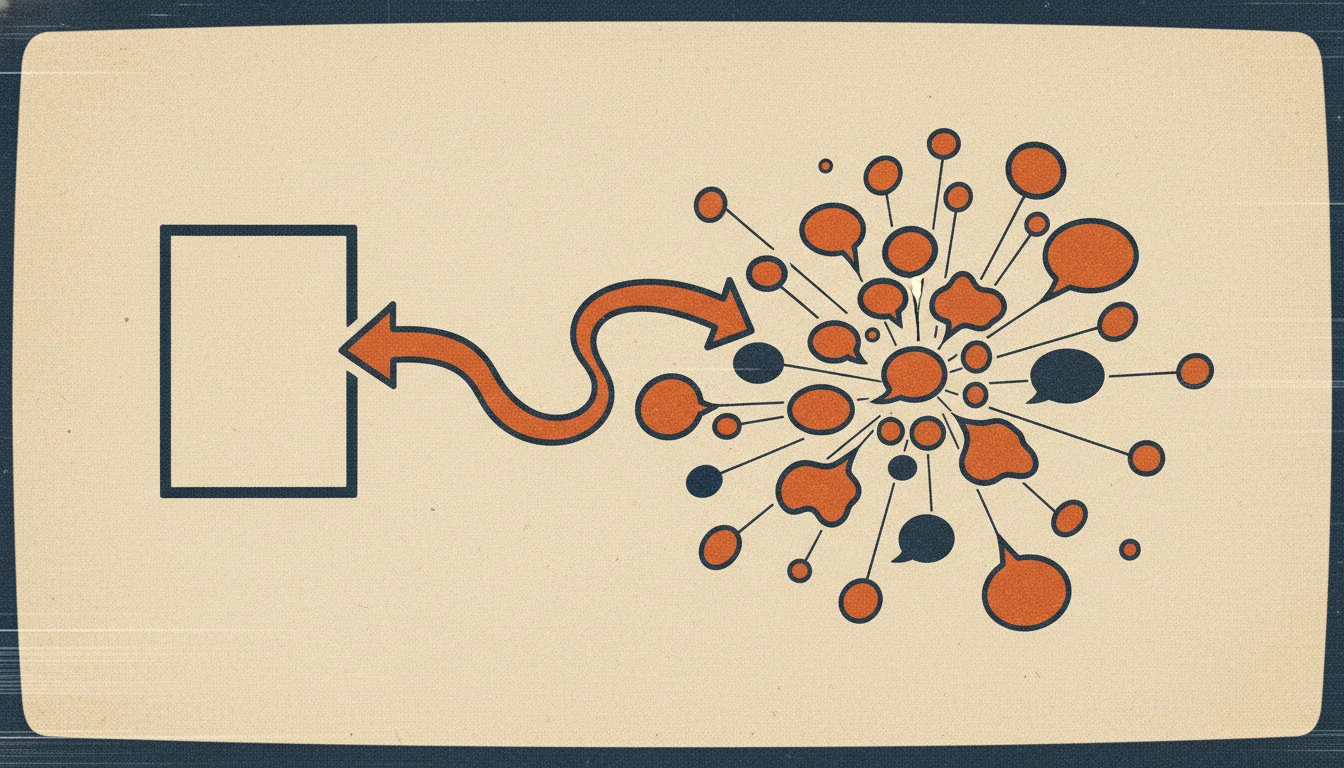 Una ilustración risograph de una sola página conectada a una constelación de nodos, que muestra una marca mencionada en muchos lugares.