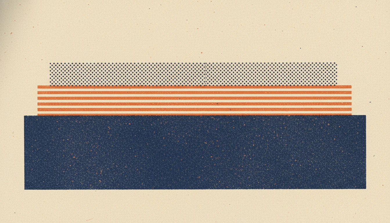 Un diagrama risograph de tres capas apiladas, una base ancha y sólida con dos capas más claras encima.