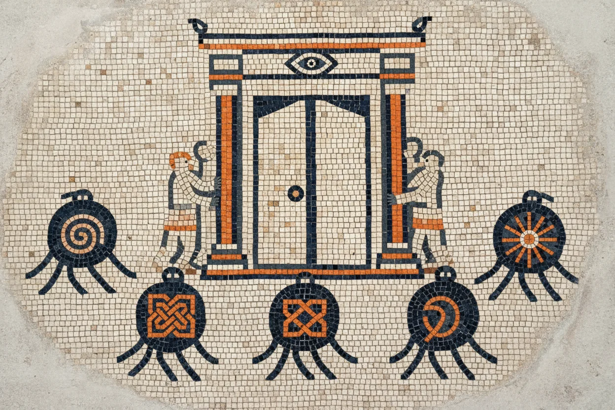 Eine Mosaikszene mit drei Crawler Figuren vor einem antiken Tor, eine geht hindurch während eine andere umkehrt