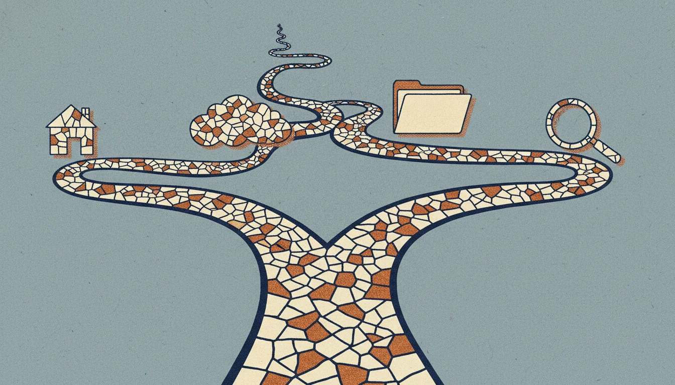 A mosaic road splitting into four paths, each ending in a symbol for one alternative type: local, cloud, suite, and power tool.